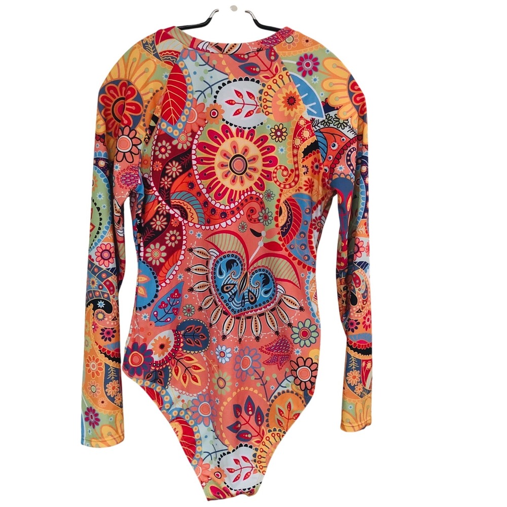 Y2K Rash Guard Swimsuit 1 PC Zip Surf Coral Paisley Beach Vaca Coastal Womens L - Picture 3 of 6